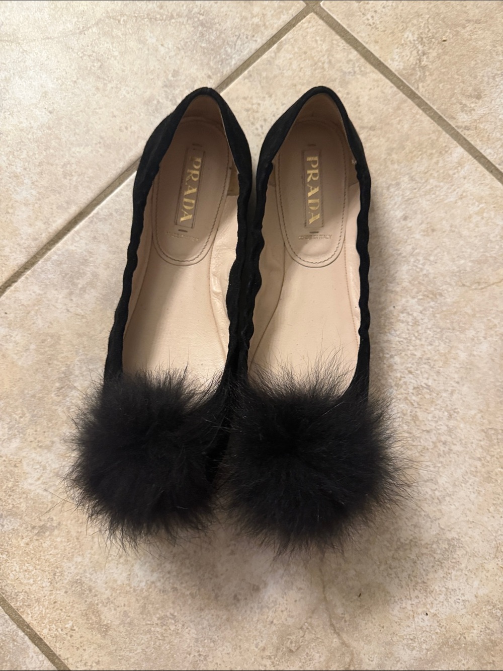 Prada Black Suede Pom Pom Flats